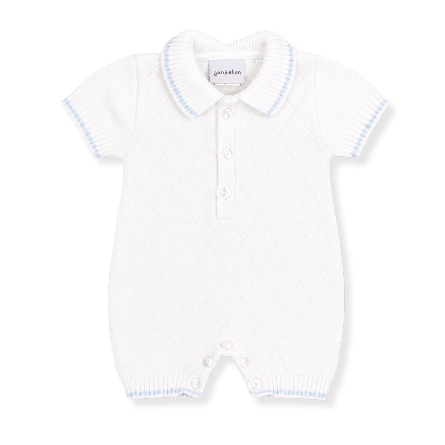 White knitted baby romper with blue trim on a white background