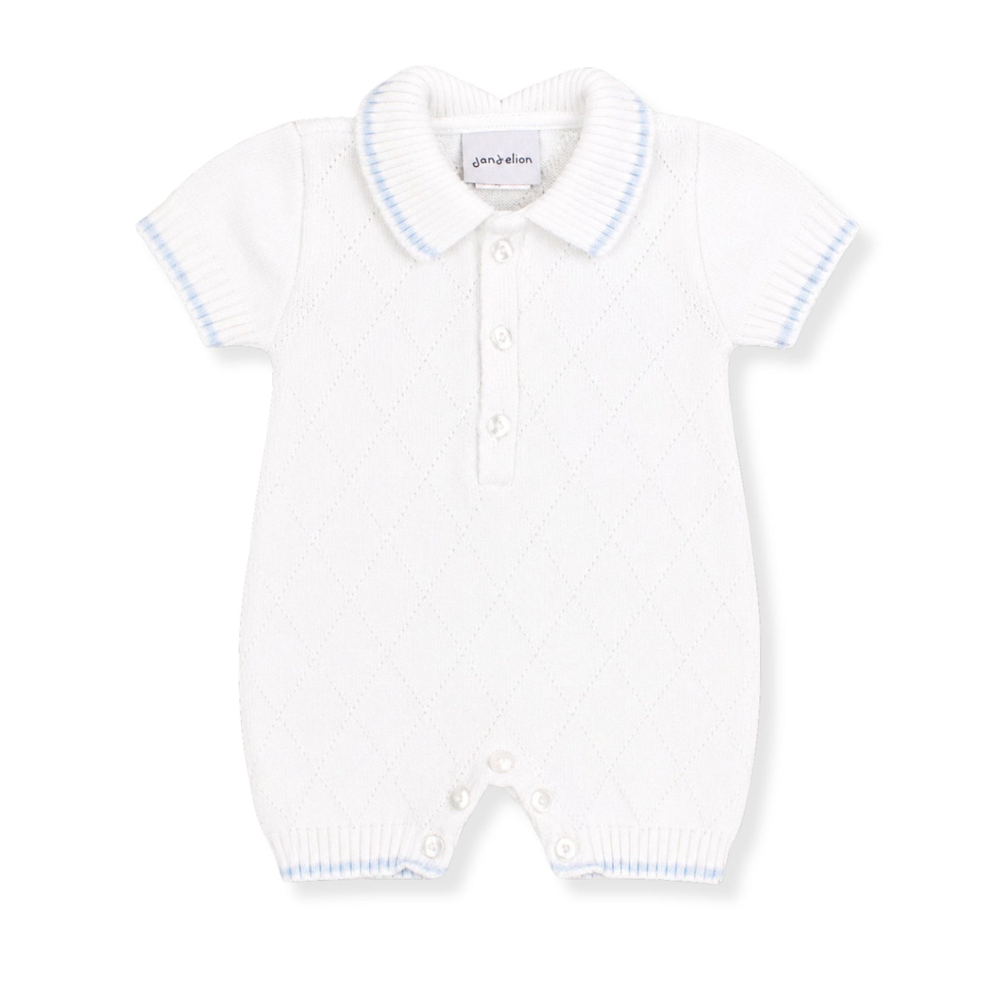 White knitted baby romper with blue trim on a white background