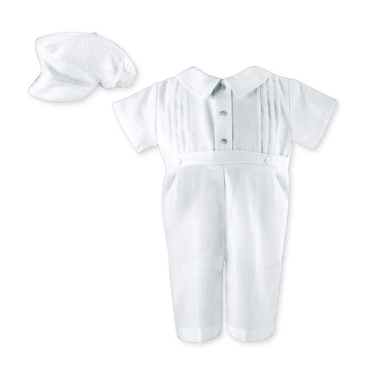 baby boys christening romper with hat linen