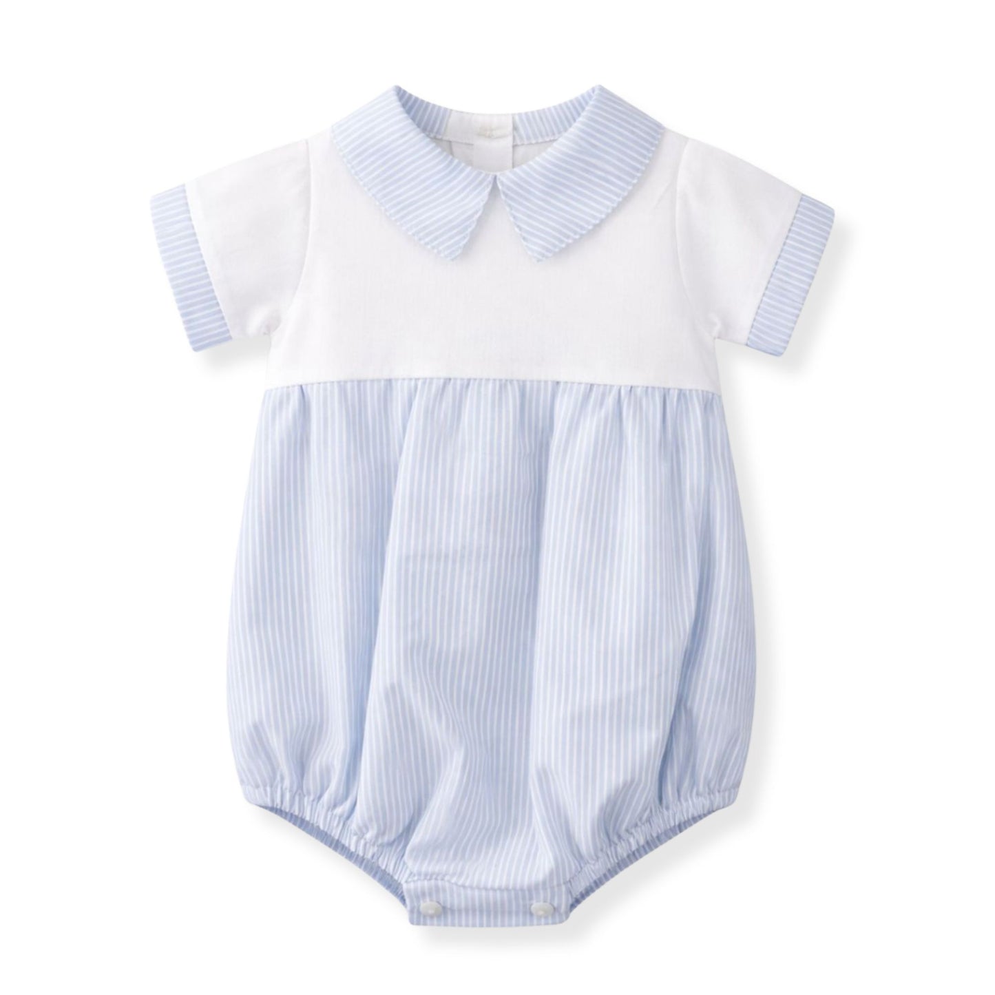 Blue stripe baby romper with white top and collar, traditional summer outfit made in Portugal