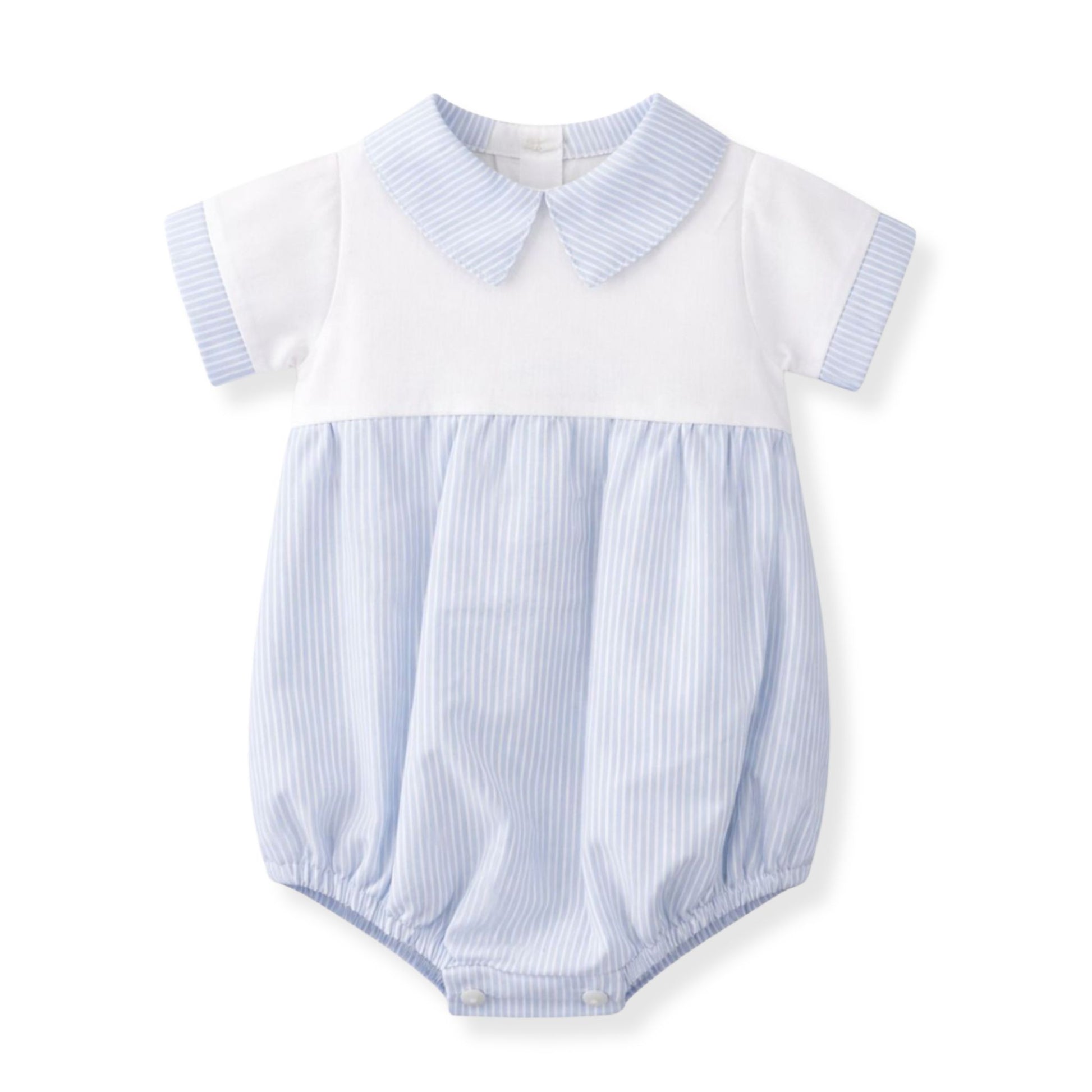 Blue stripe baby romper with white top and collar, traditional summer outfit made in Portugal