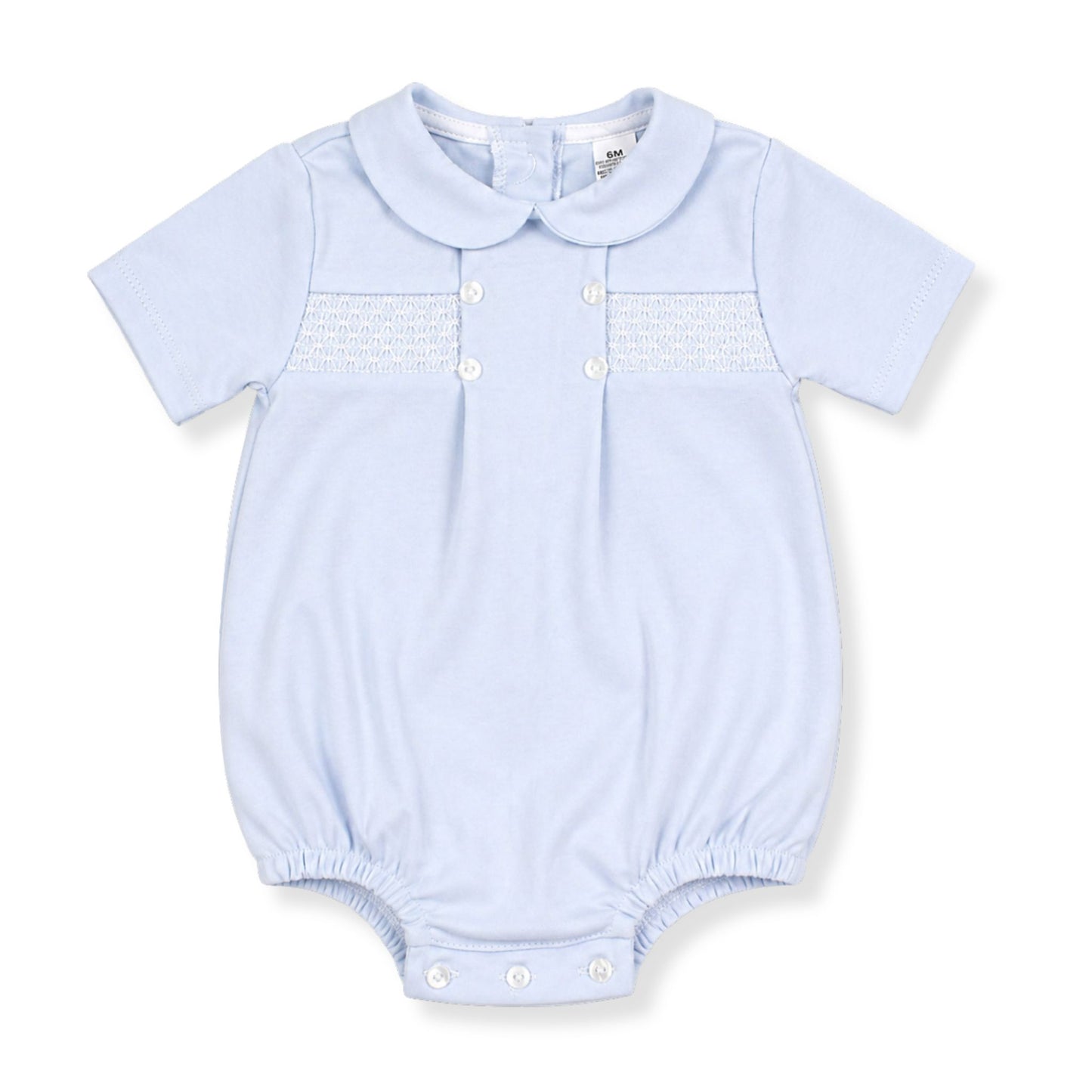 Light blue baby romper with a collar on a white background