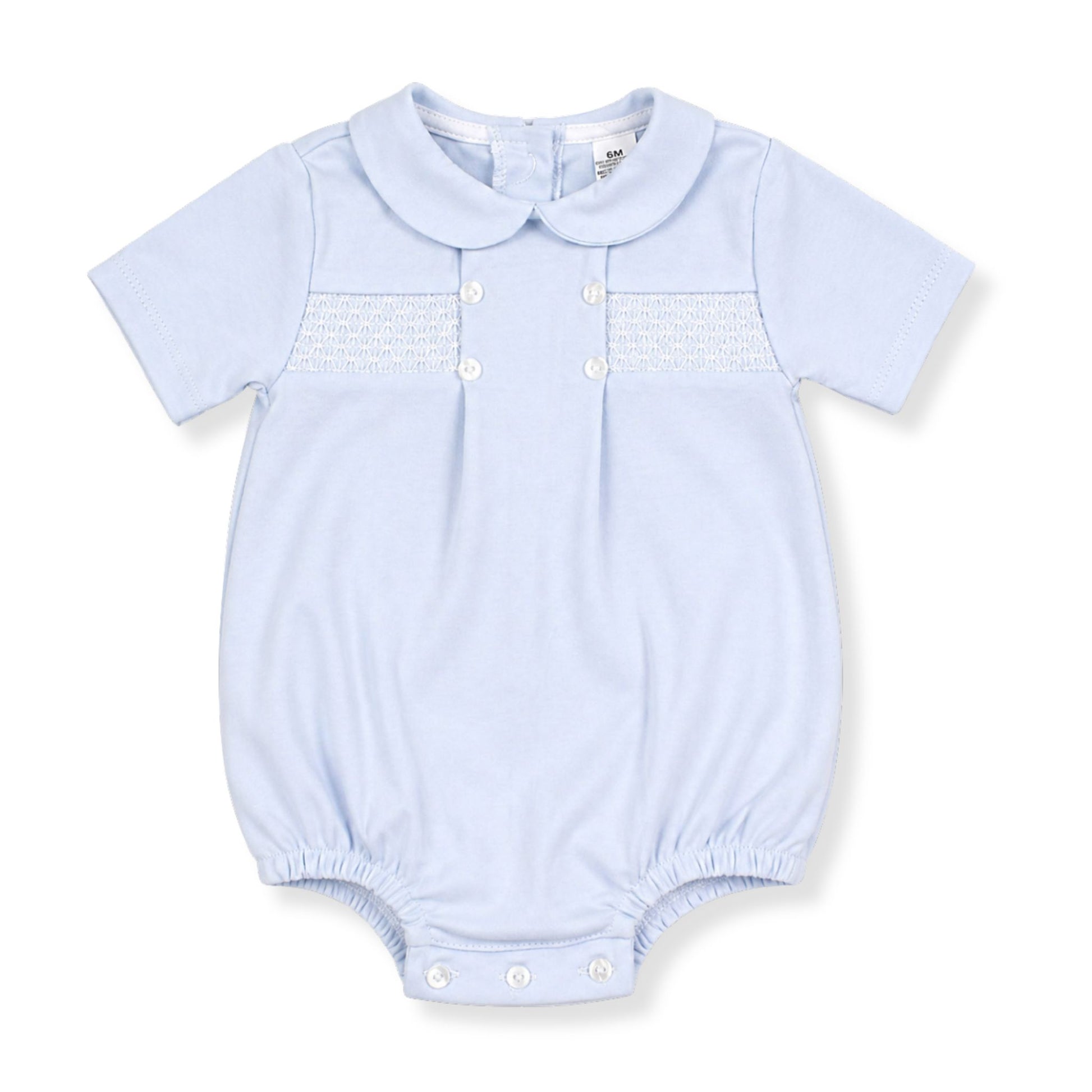 Light blue baby romper with a collar on a white background