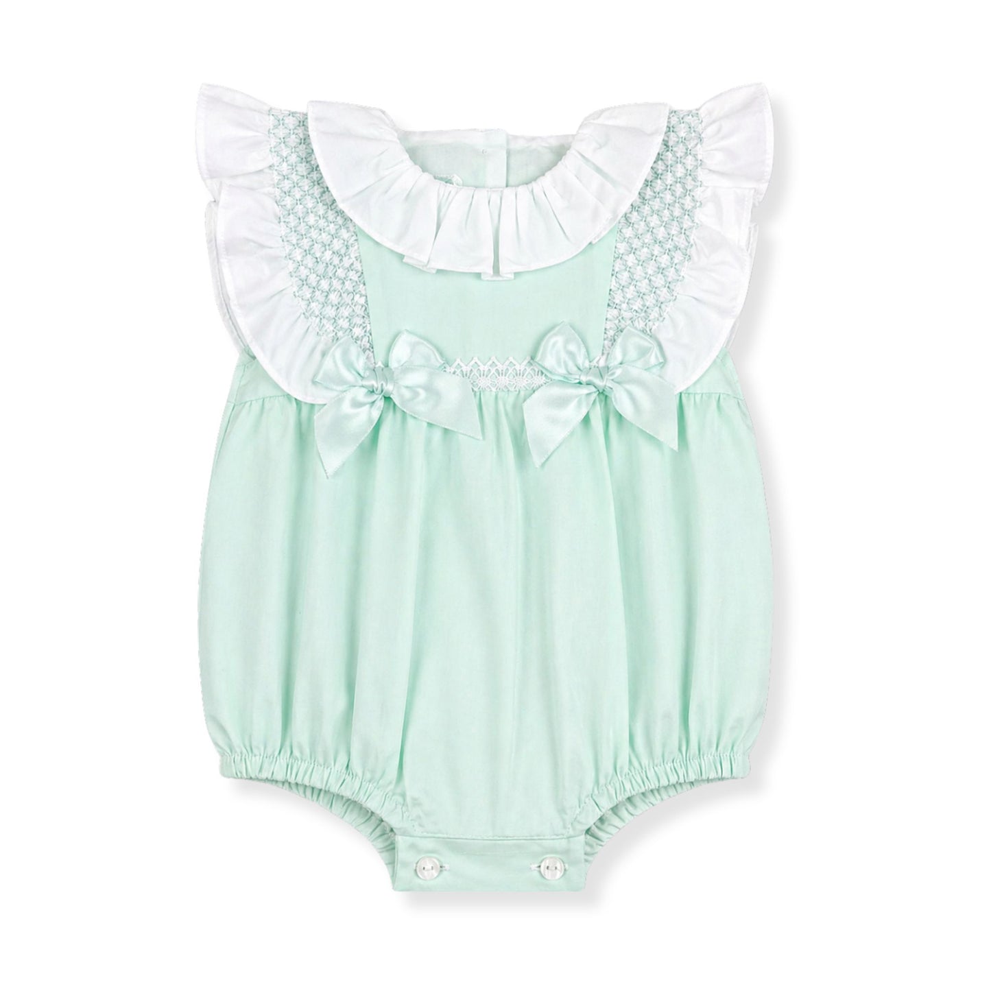 Mint green baby romper with white ruffled collar and bow details on a white background
