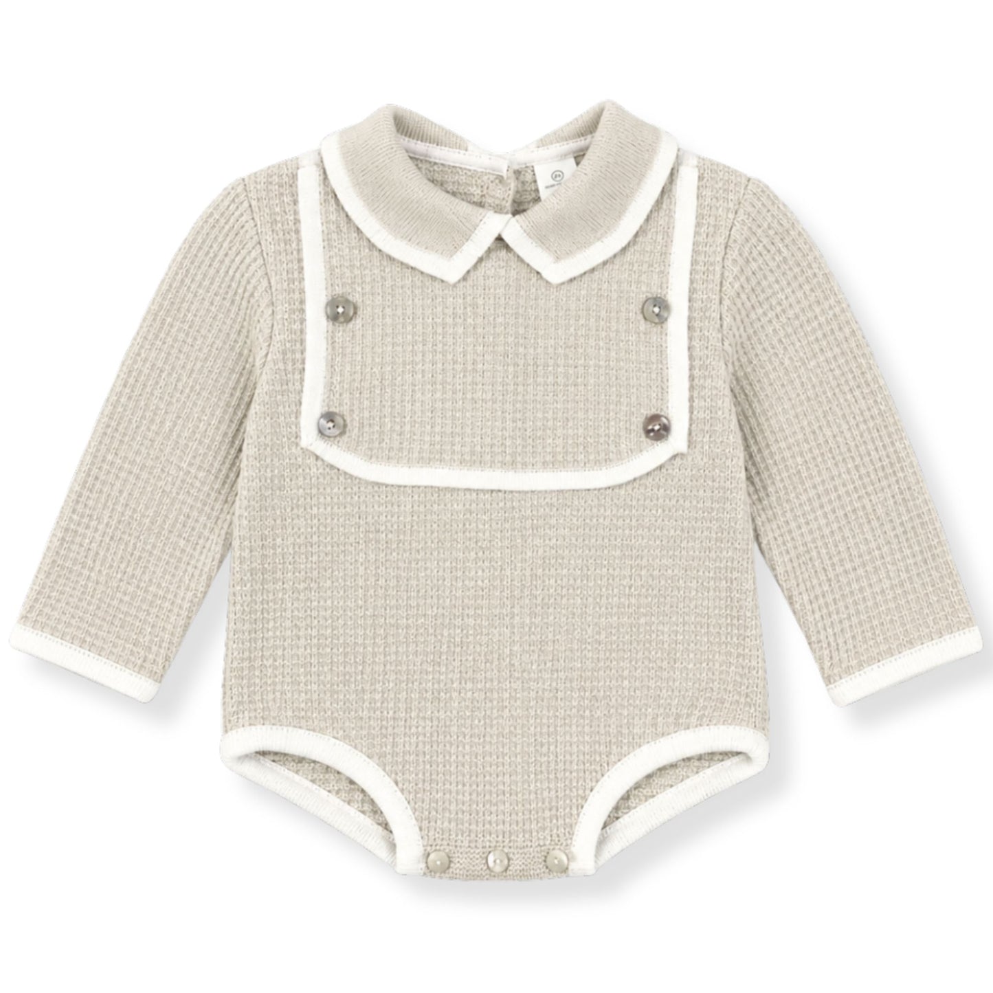 Baby Boys Beige Knitted Romper with Square Bib & Buttons