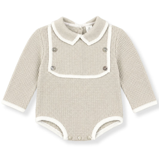 Baby Boys Beige Knitted Romper with Square Bib & Buttons
