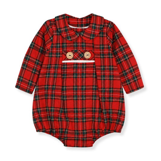 Red plaid baby romper with button details on a white background