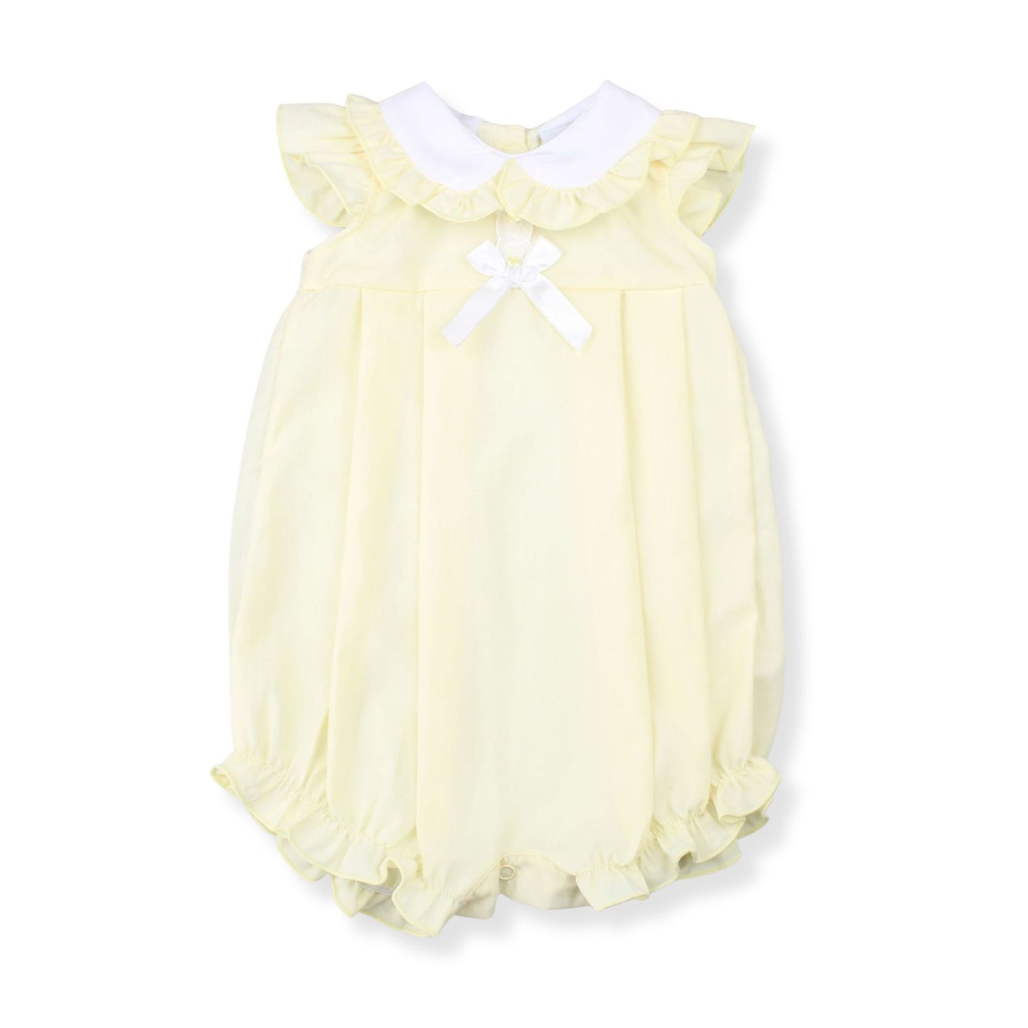 Yellow baby romper with white collar on a white background