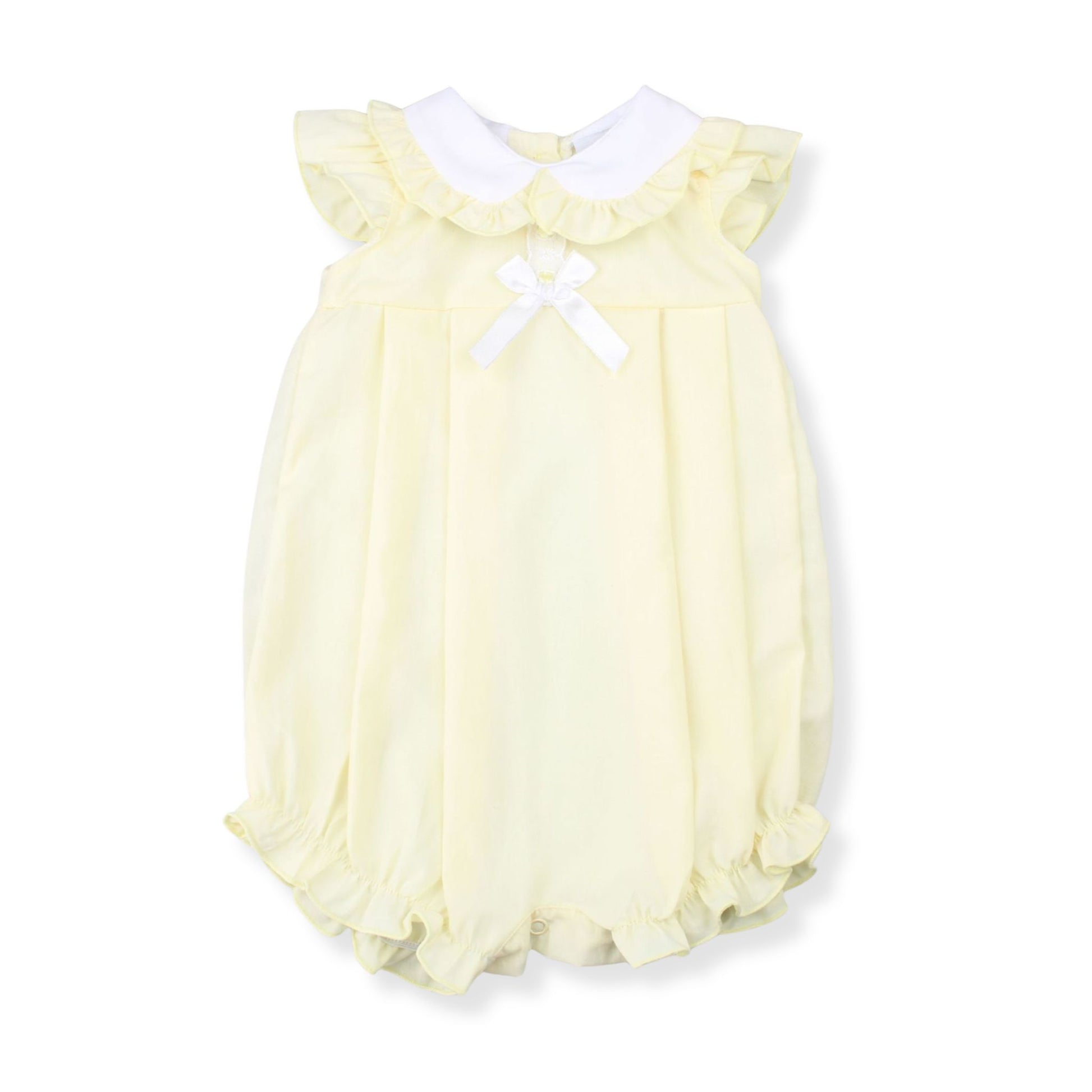 Yellow baby romper with white collar on a white background