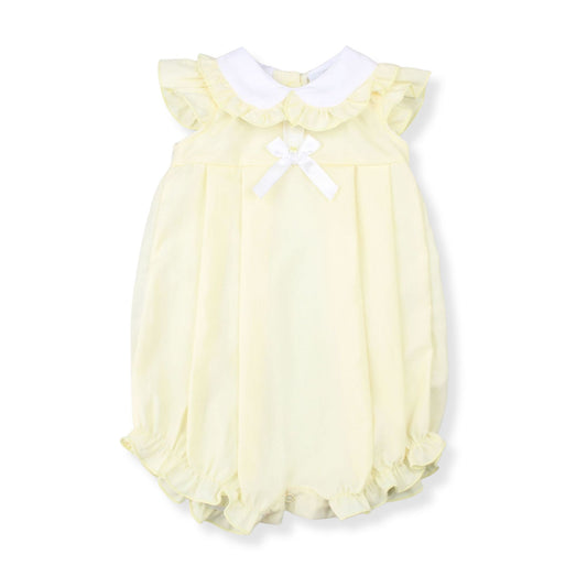Yellow baby romper with white collar on a white background