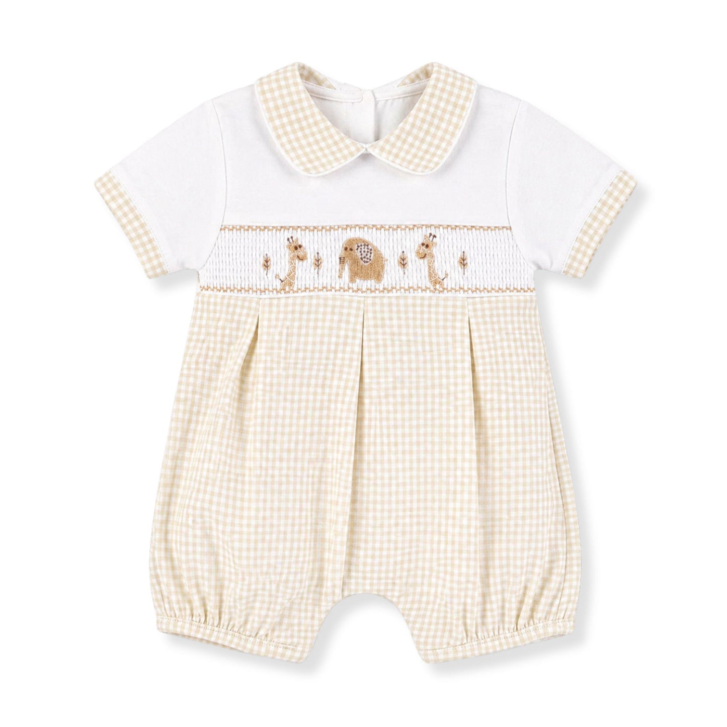 Baby romper with checkered collar and embroidered animals on a white background