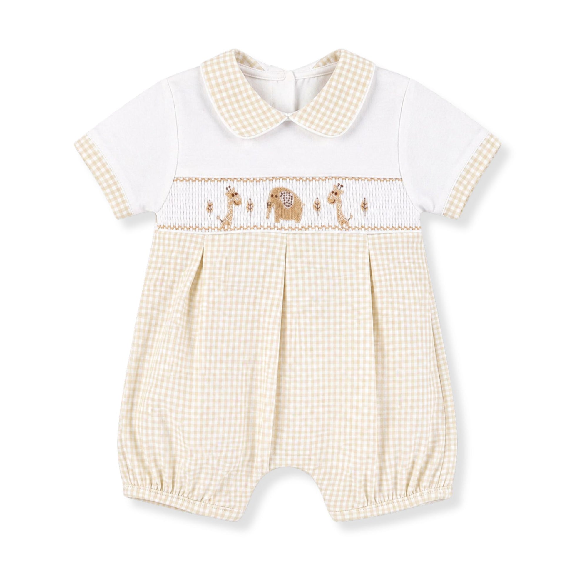 Baby romper with checkered collar and embroidered animals on a white background
