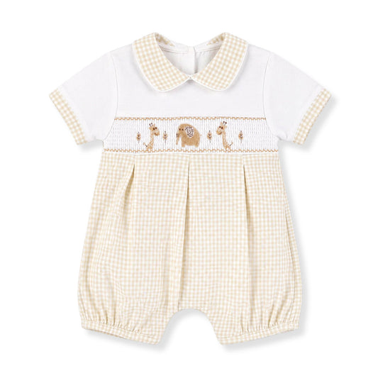 Baby romper with checkered collar and embroidered animals on a white background