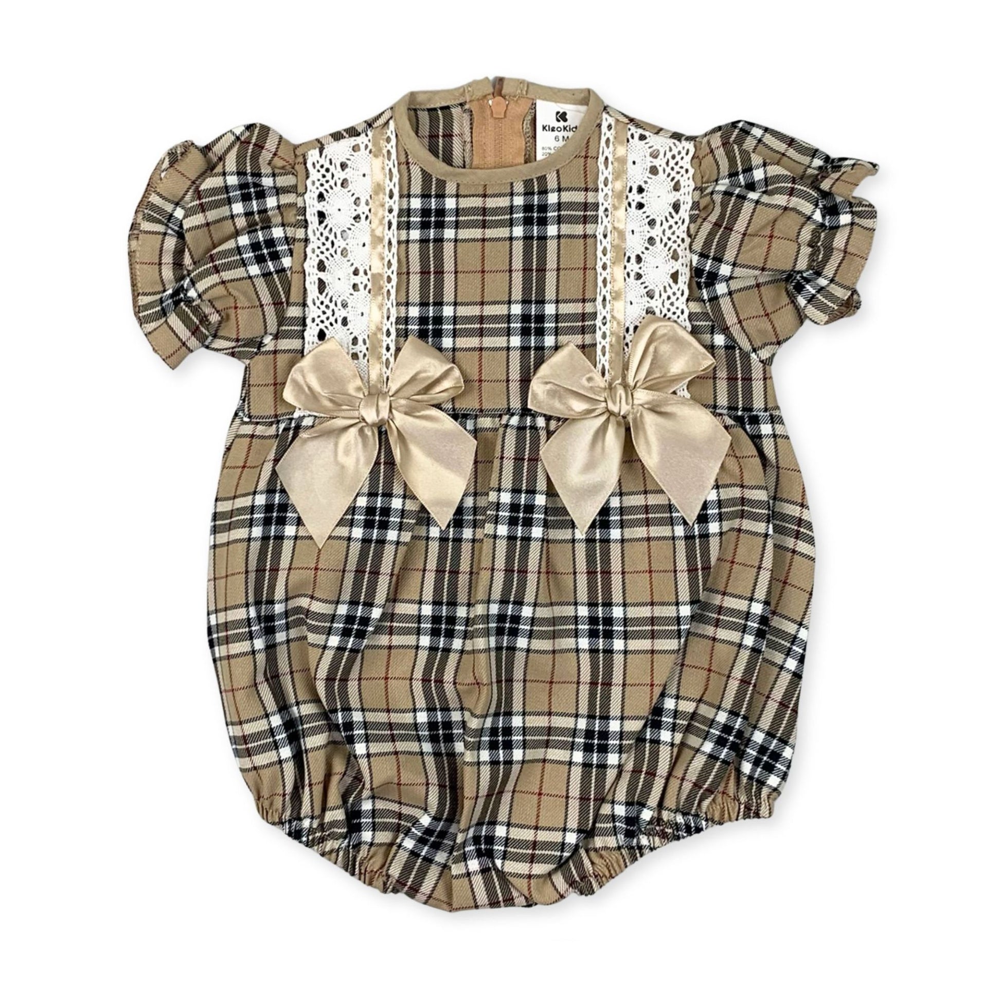 baby girl beige tartan romper with bows and lace in a spanish style
