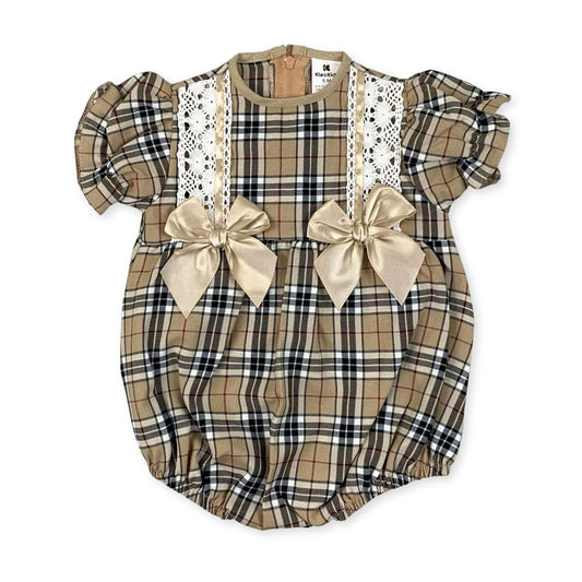 baby girl beige tartan romper with bows and lace in a spanish style