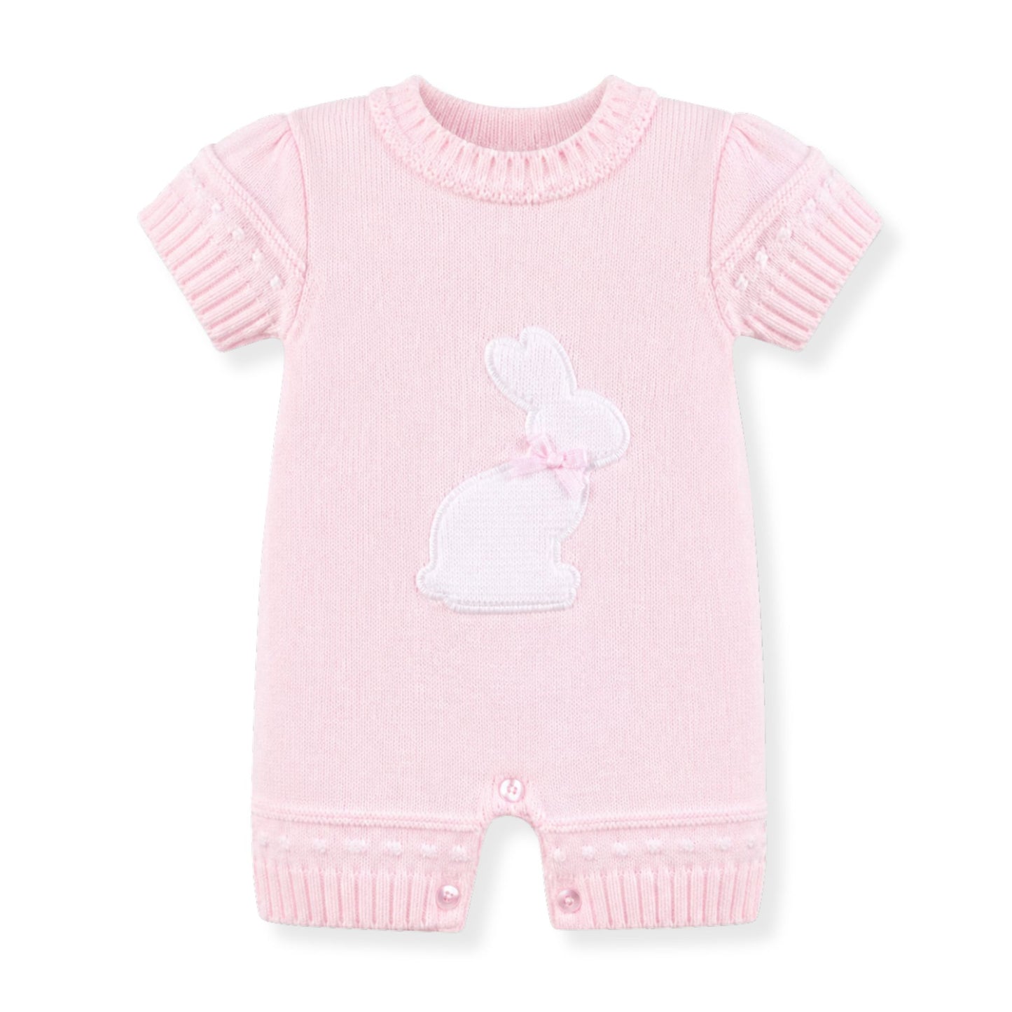 Pink baby romper with bunny design by dandelion on a white background