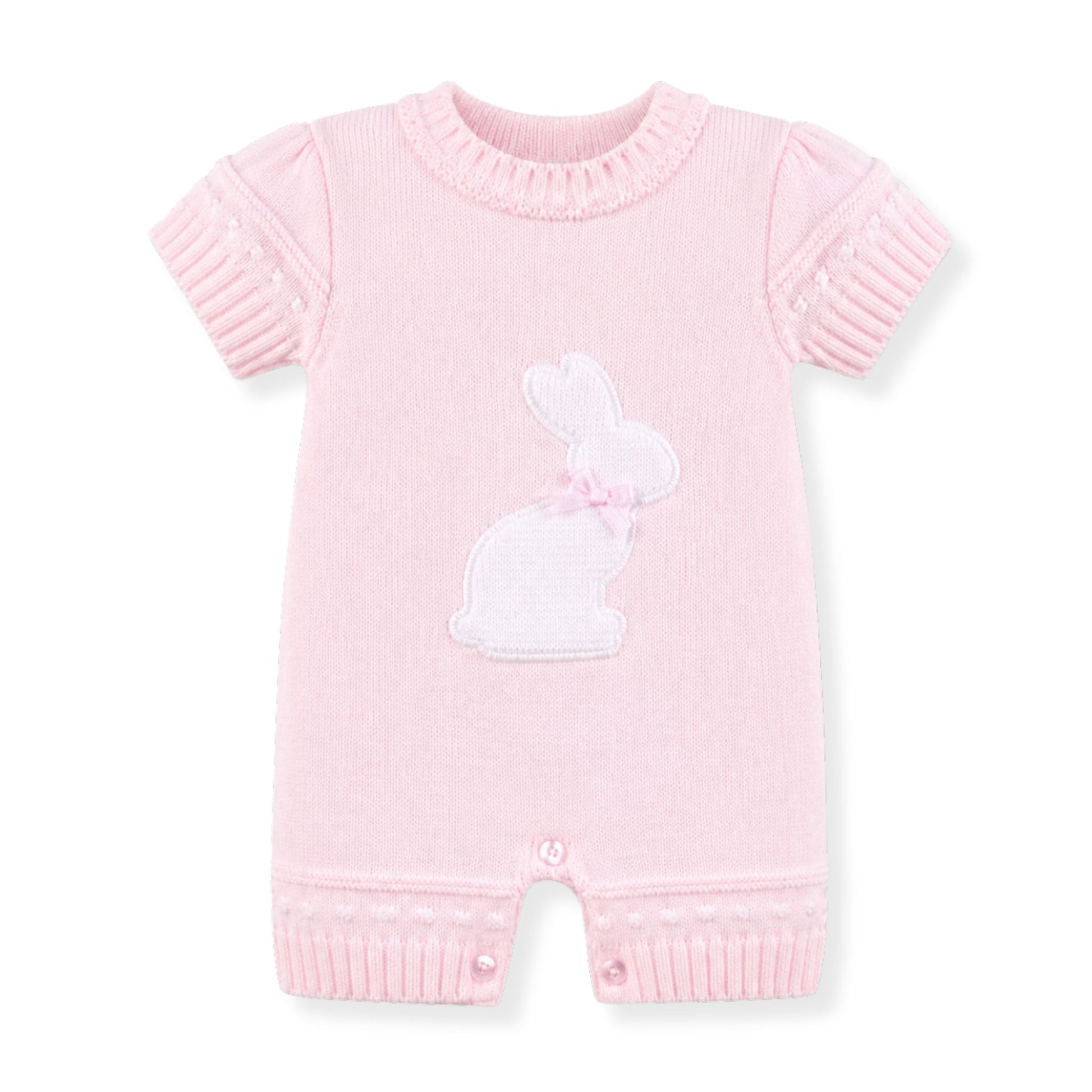 Pink baby romper with bunny design by dandelion on a white background