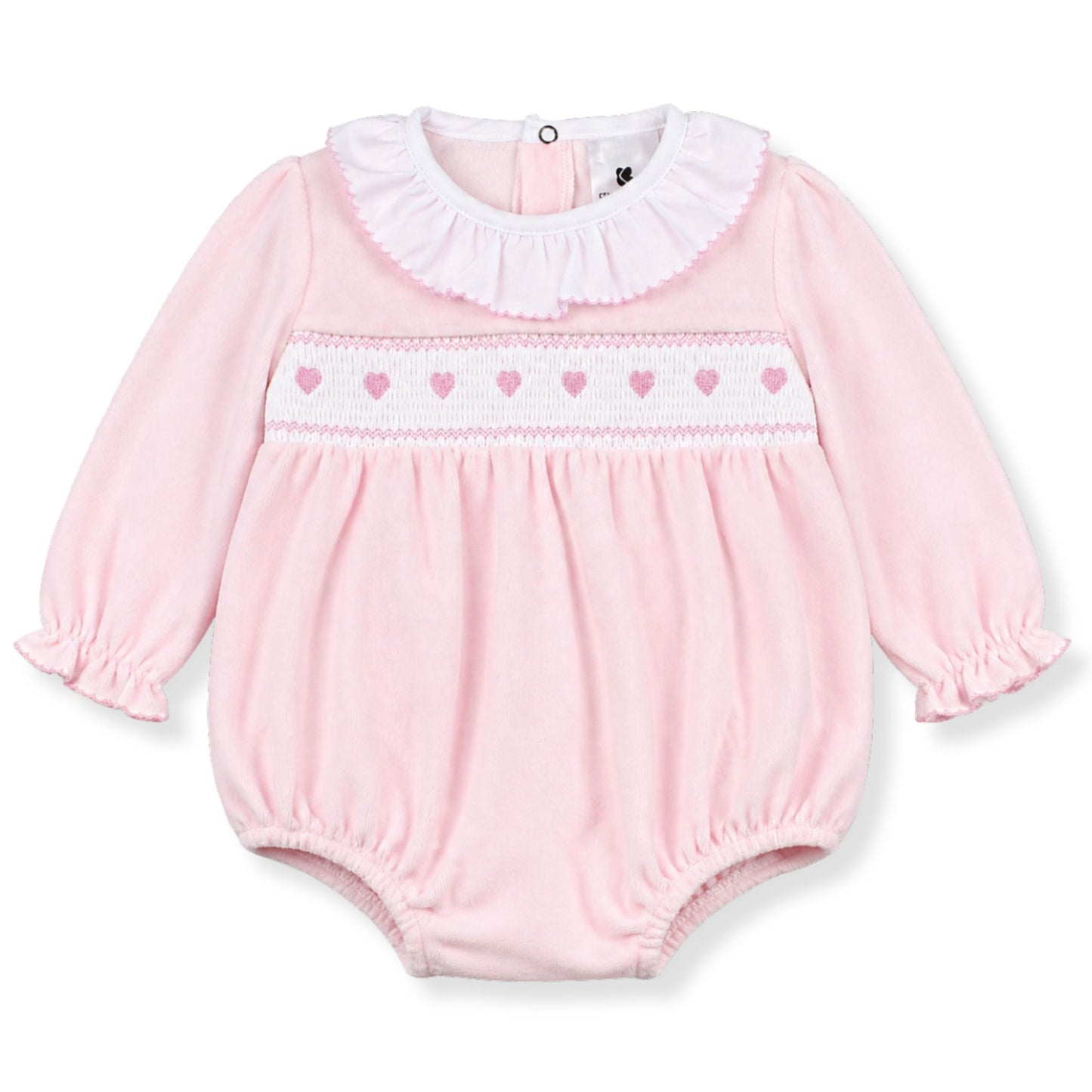 Pink baby romper with heart patterns on a white background