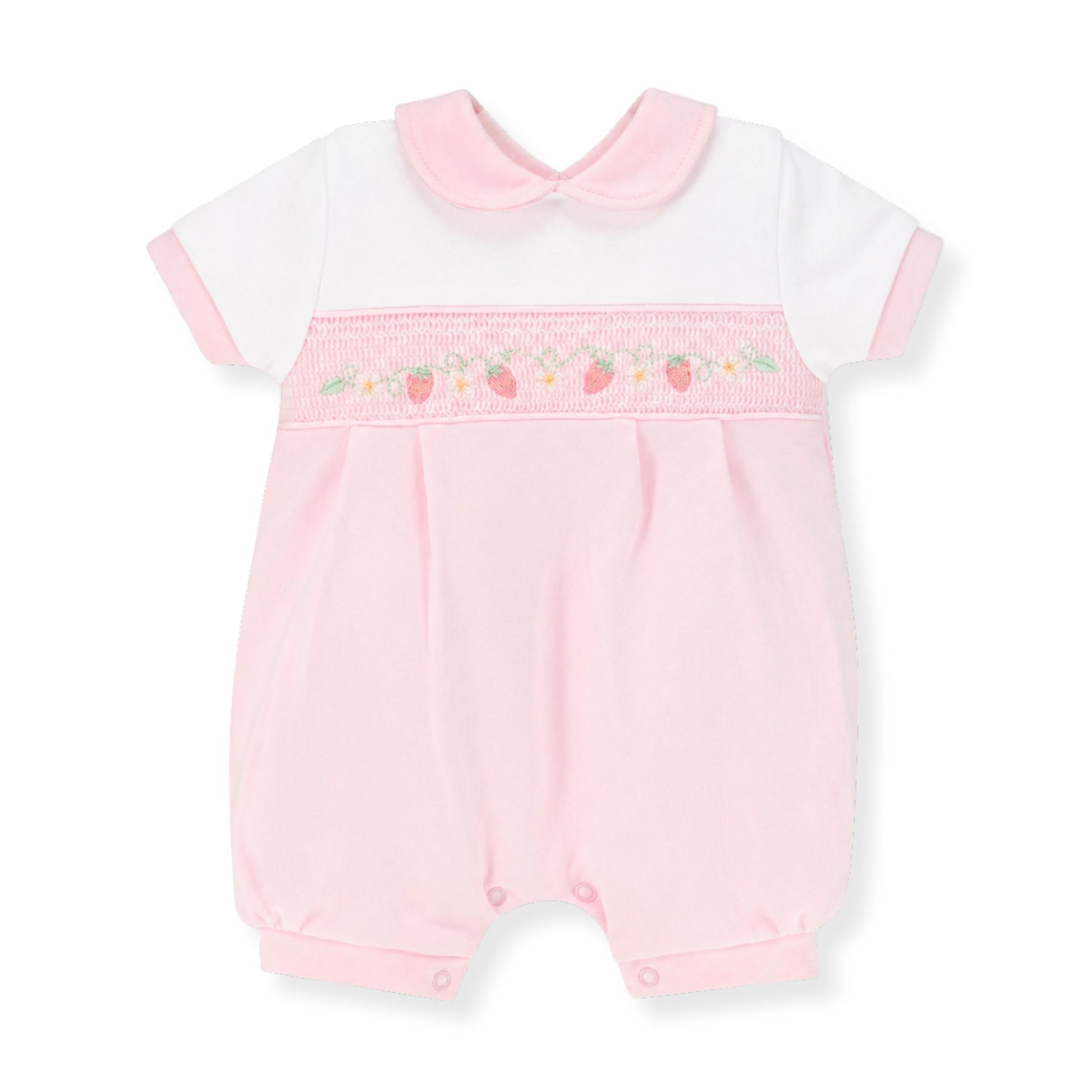 Pink baby romper with white collar and strawberry embroidery by Dabdelion on a white background
