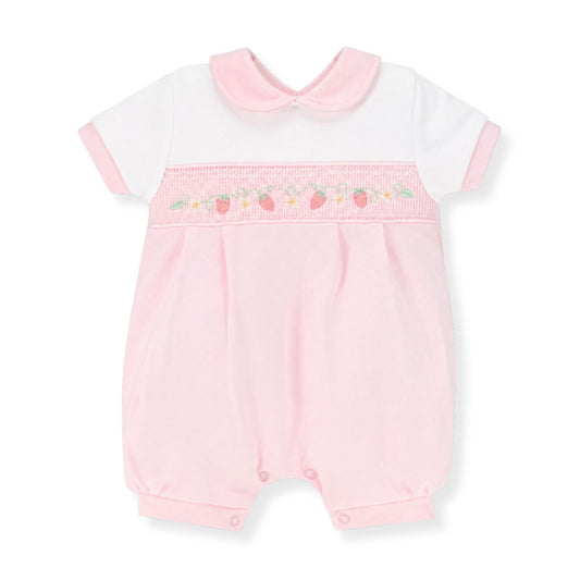 Pink baby romper with white collar and strawberry embroidery by Dabdelion on a white background