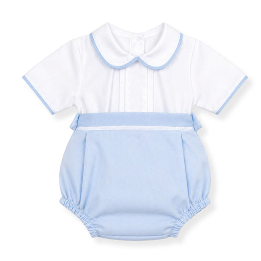 Babytwo piece outfit with white top and light blue bloomers on a white background