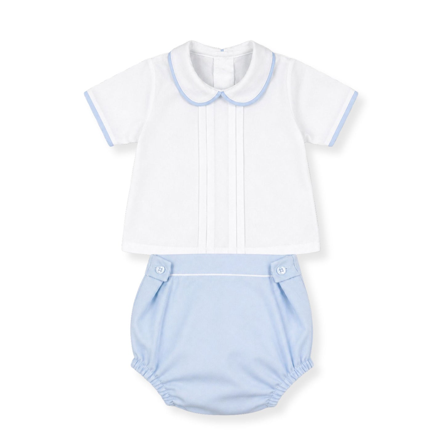 Baby outfit with white shirt and light blue bloomers on a white background