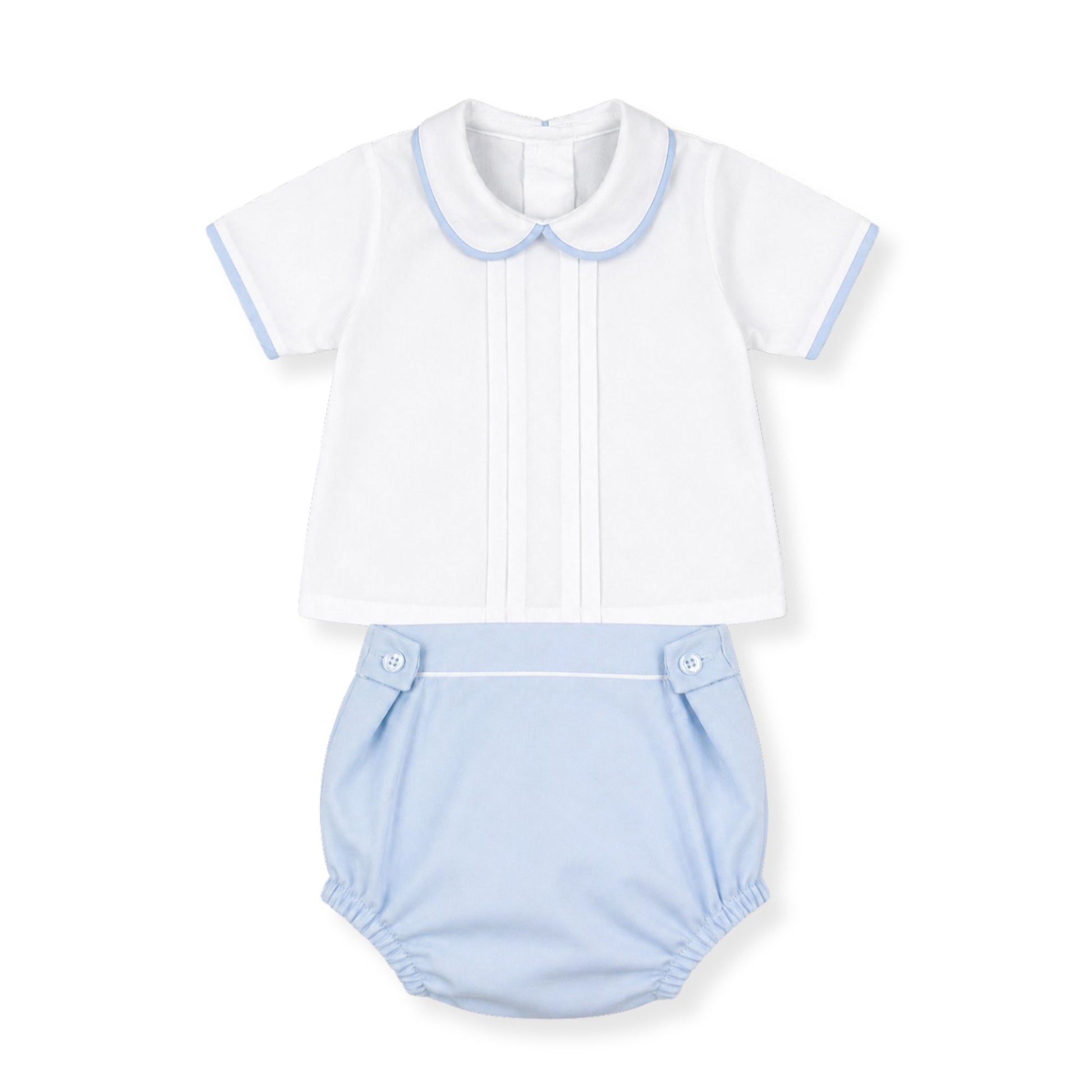 Baby outfit with white shirt and light blue bloomers on a white background