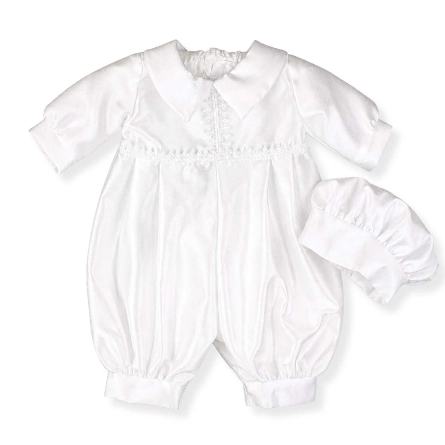 baby boys traditional white christening romper with hat, full outfit
