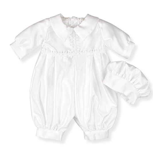 baby boys traditional white christening romper with hat, full outfit
