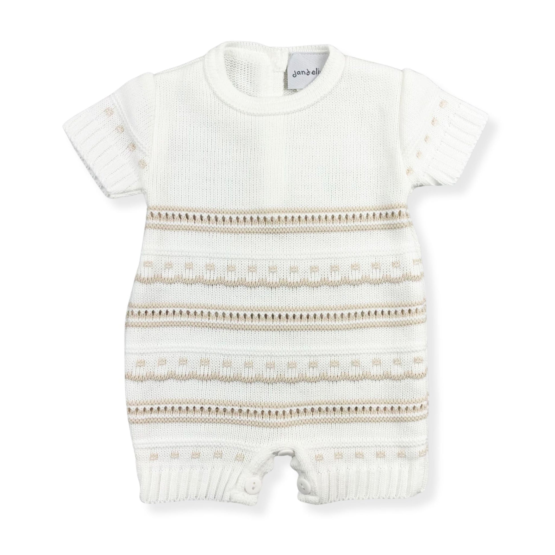 Baby boys white and beige striped knitted romper by Dandelion