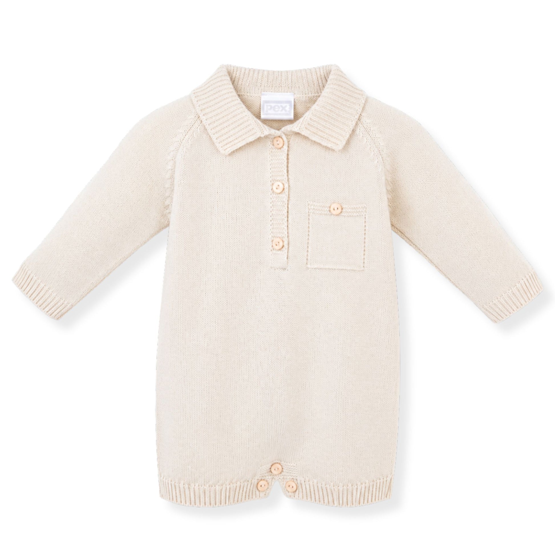 Beige baby knitted romper bt Pex babywear  on a white background