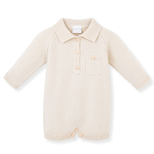 Beige baby knitted romper bt Pex babywear  on a white background