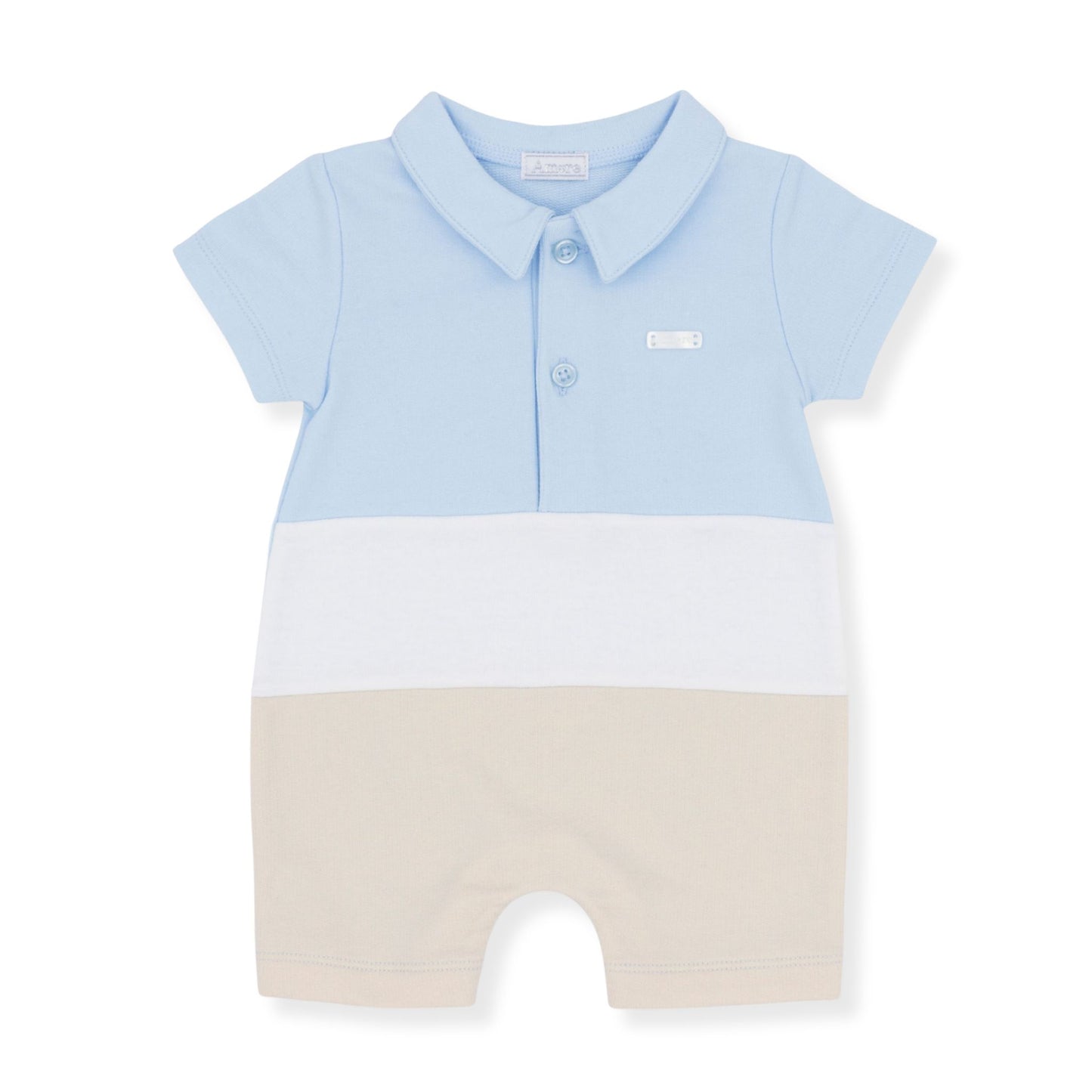 Light blue and beige baby romper on a white background