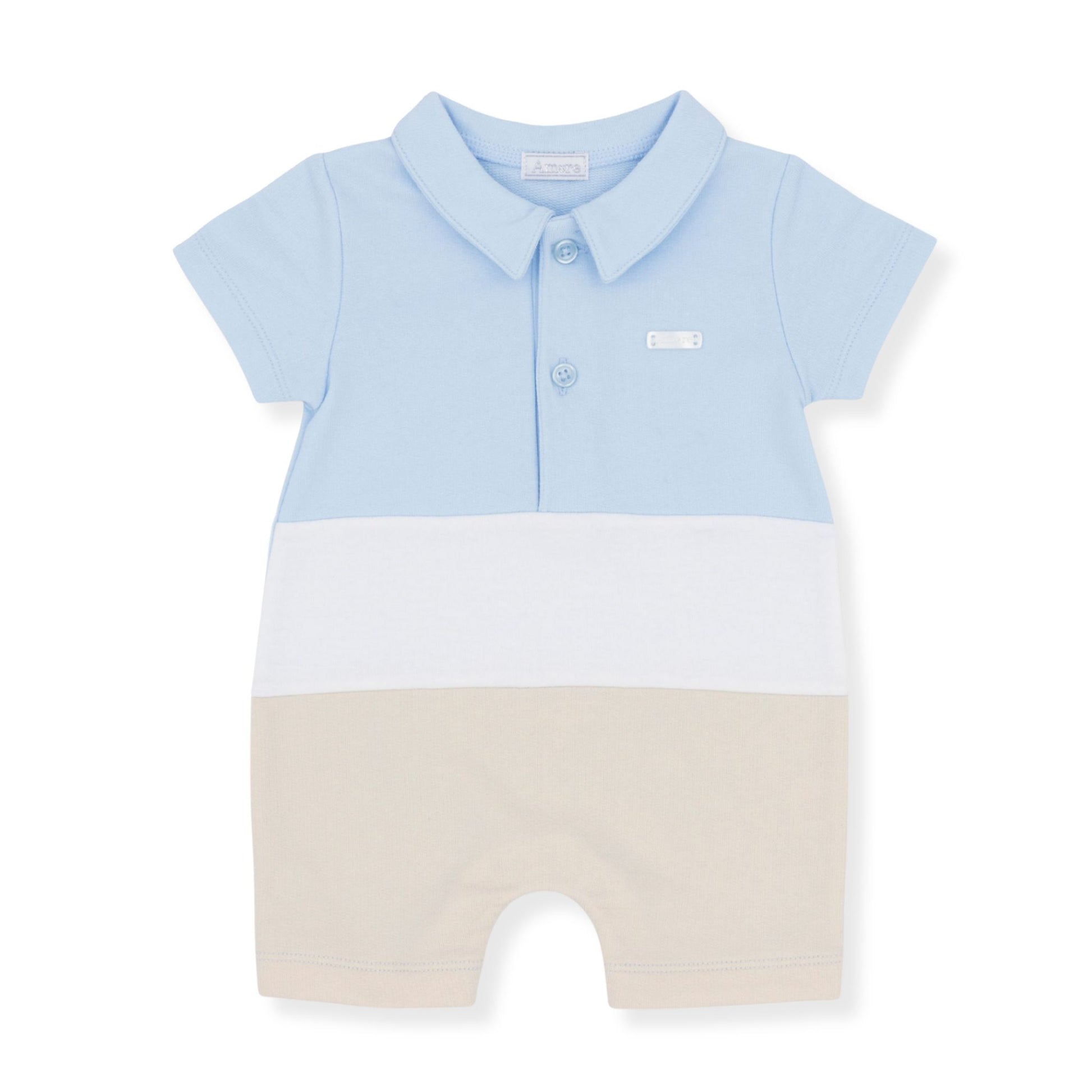 Light blue and beige baby romper on a white background