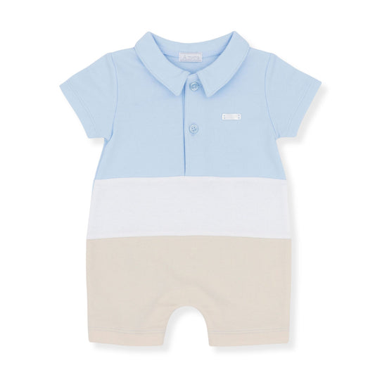 Light blue and beige baby romper on a white background
