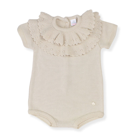 Beige baby romper with ruffled collar on a white background