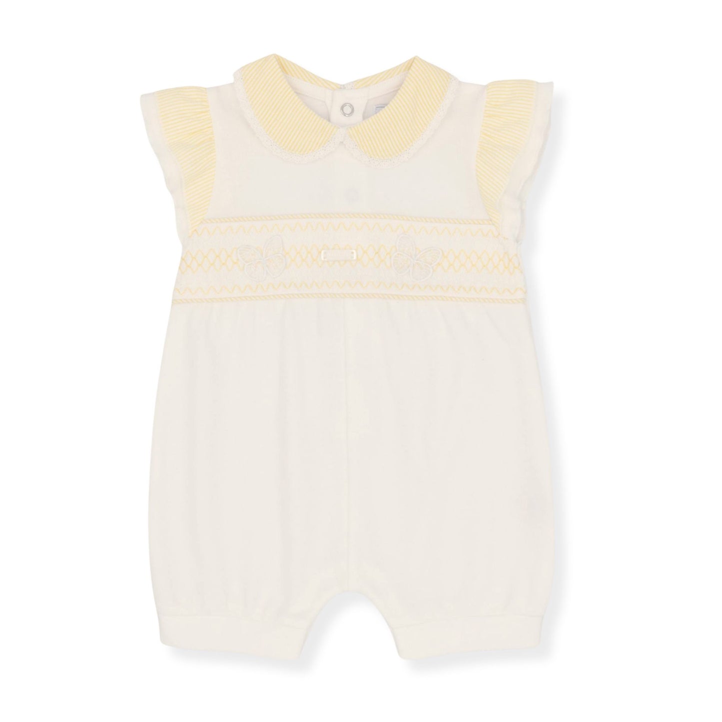 Amore Baby Girls White & Yellow Butterfly Romper with Stripe Collar