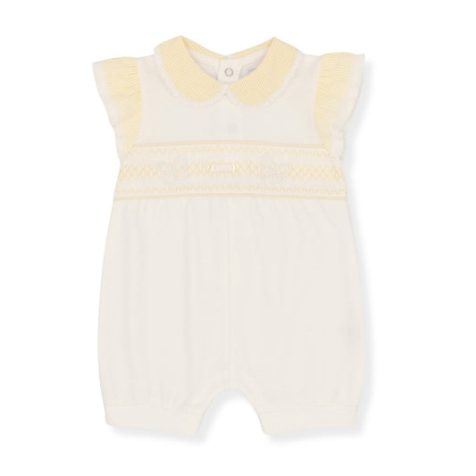 Amore Baby Girls White & Yellow Butterfly Romper with Stripe Collar