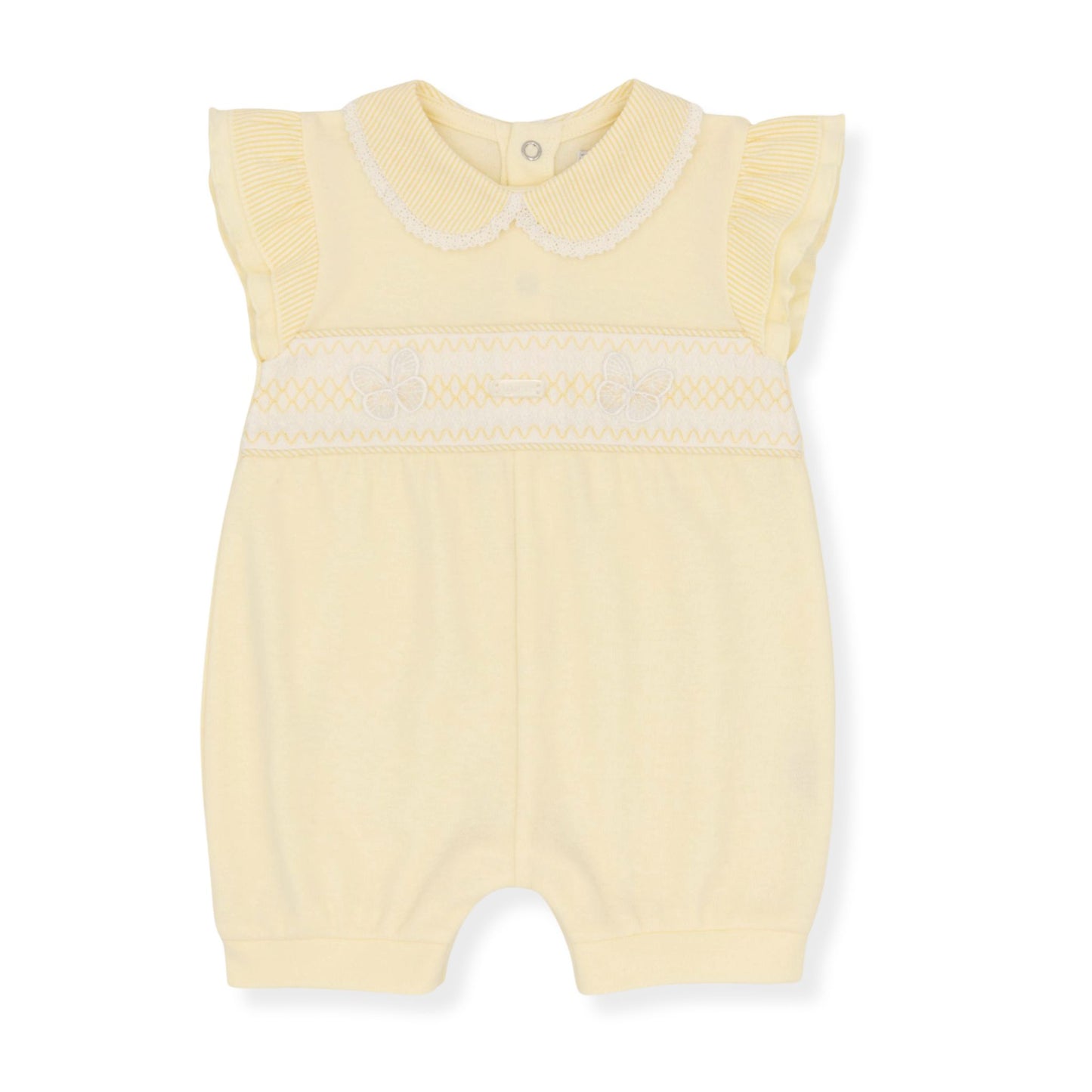 Yellow baby romper with white trim on a white background