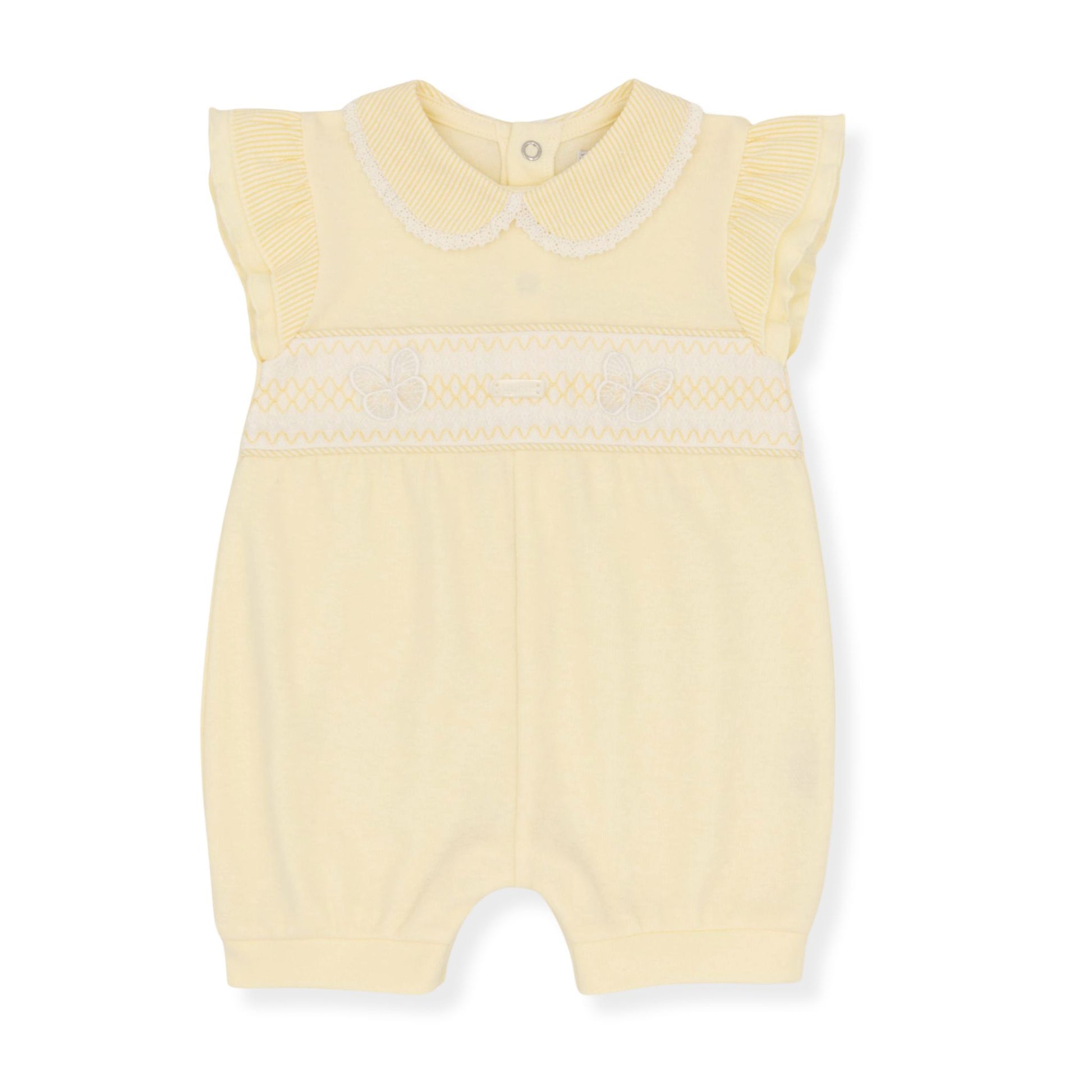 Yellow baby romper with white trim on a white background