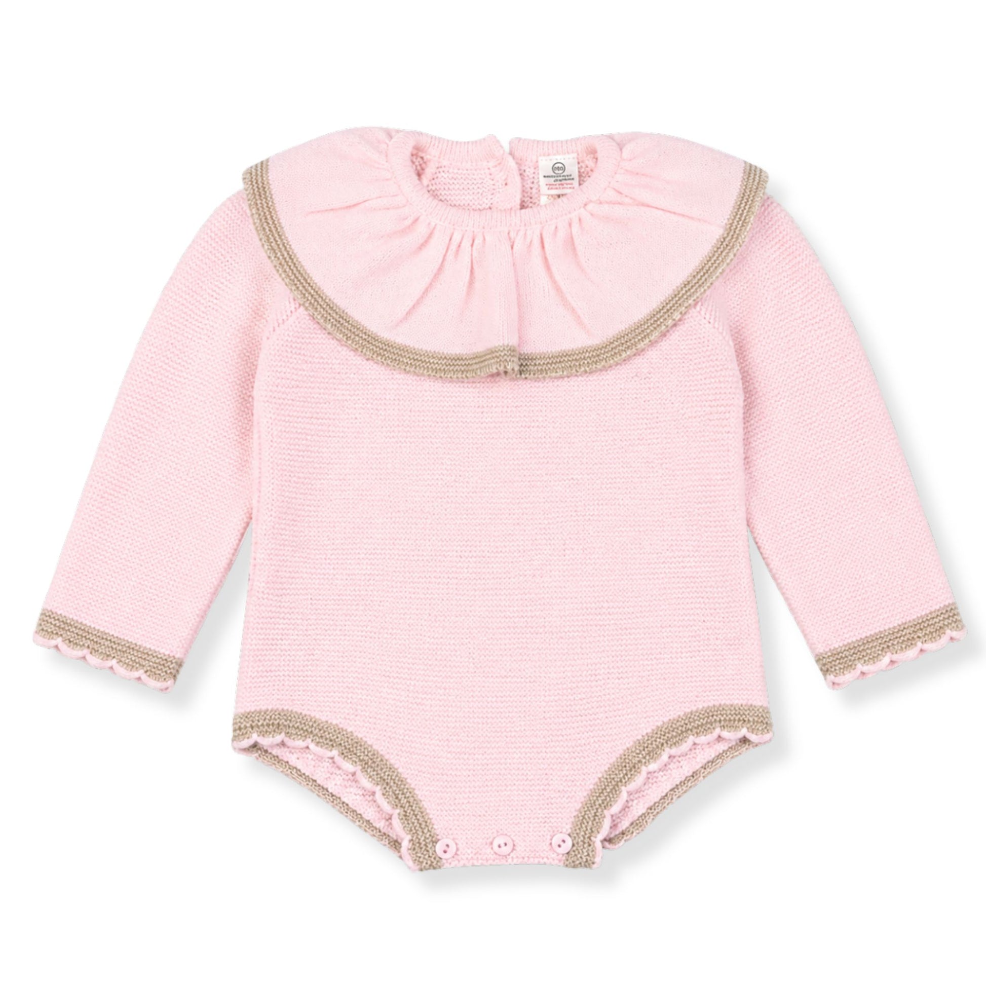 baby girl pink knitted romper with ruff collar