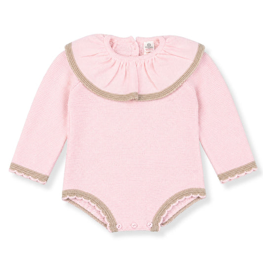 baby girl pink knitted romper with ruff collar