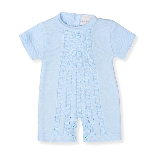 Light blue baby knitted romper with buttons by Dandelion on a white background