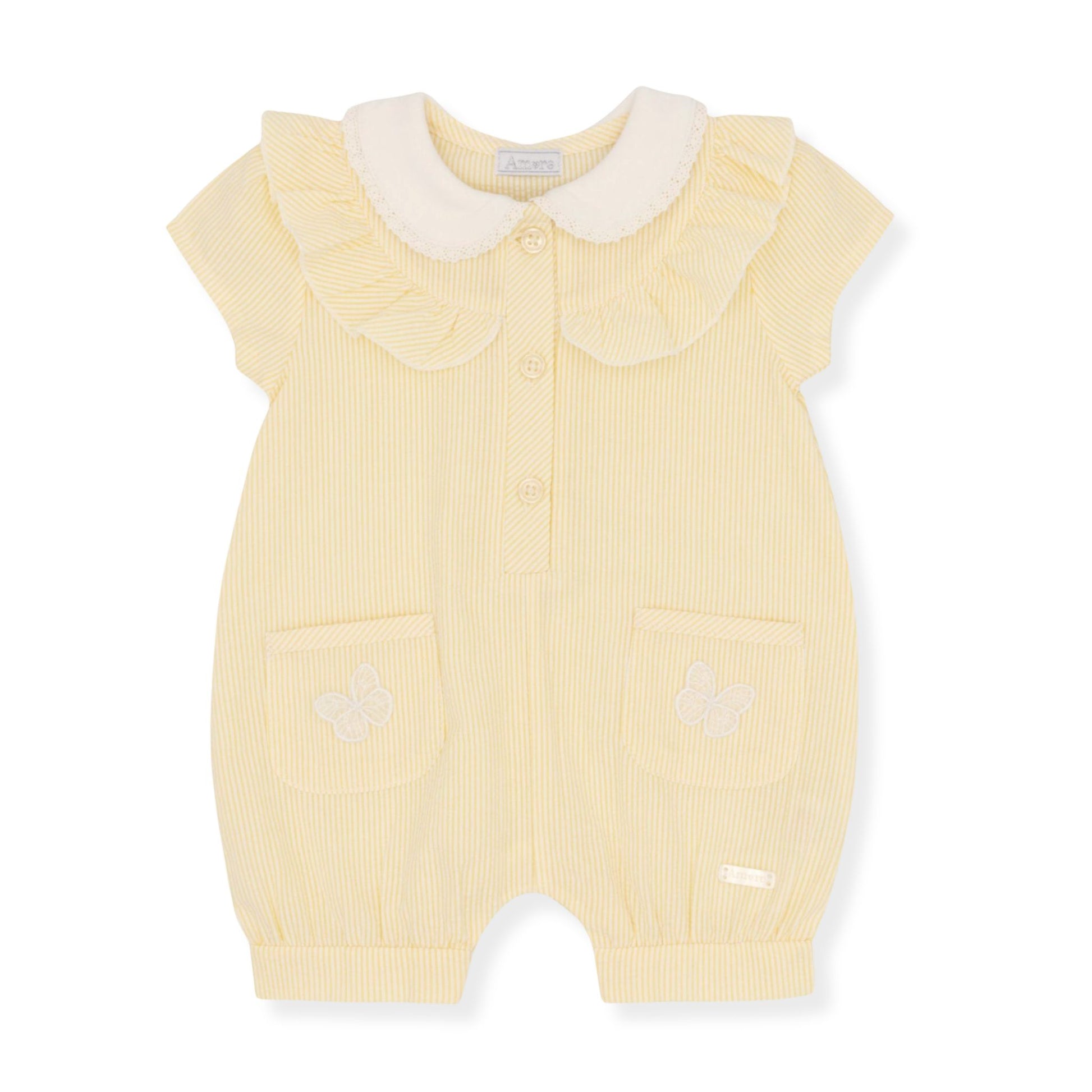 Yellow baby romper with ruffled collar on a white background