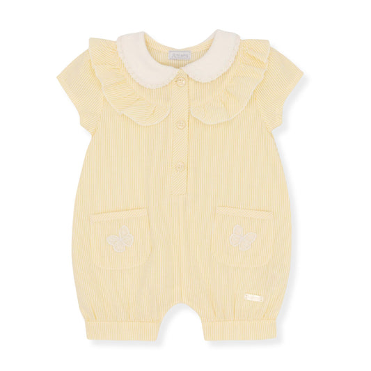 Yellow baby romper with ruffled collar on a white background