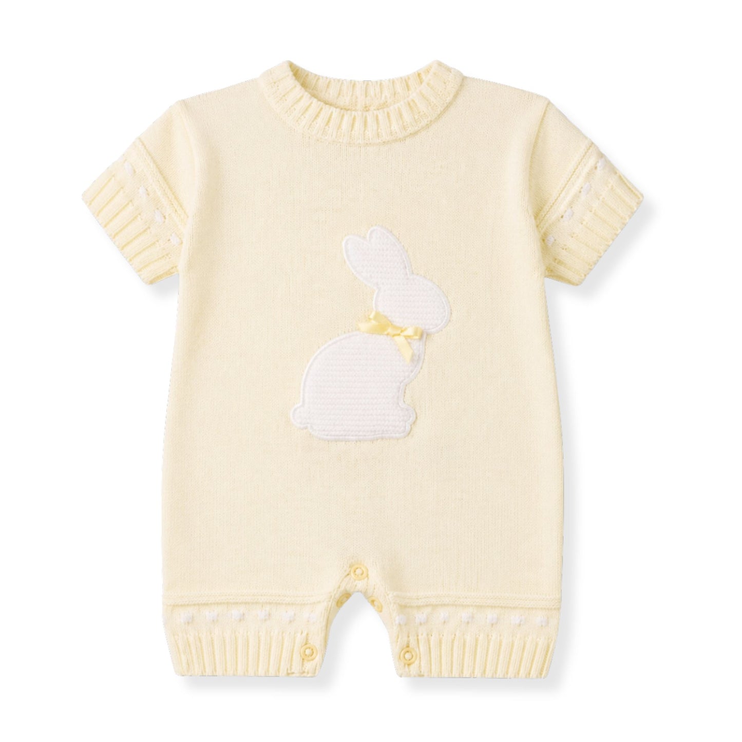 yellow knitted baby romper with bunny motif by dandelion