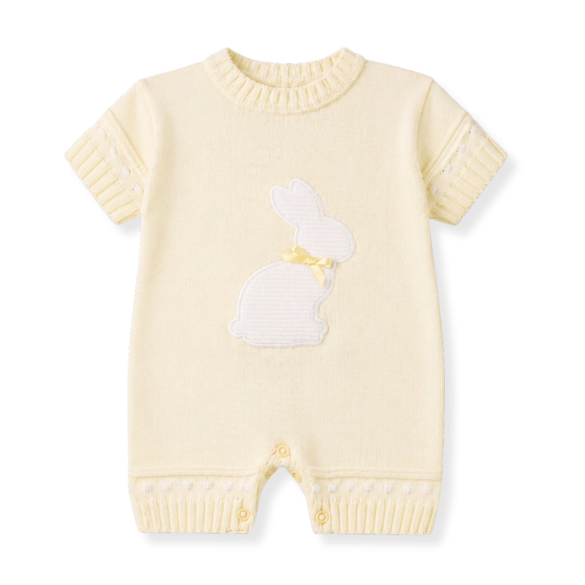 yellow knitted baby romper with bunny motif by dandelion