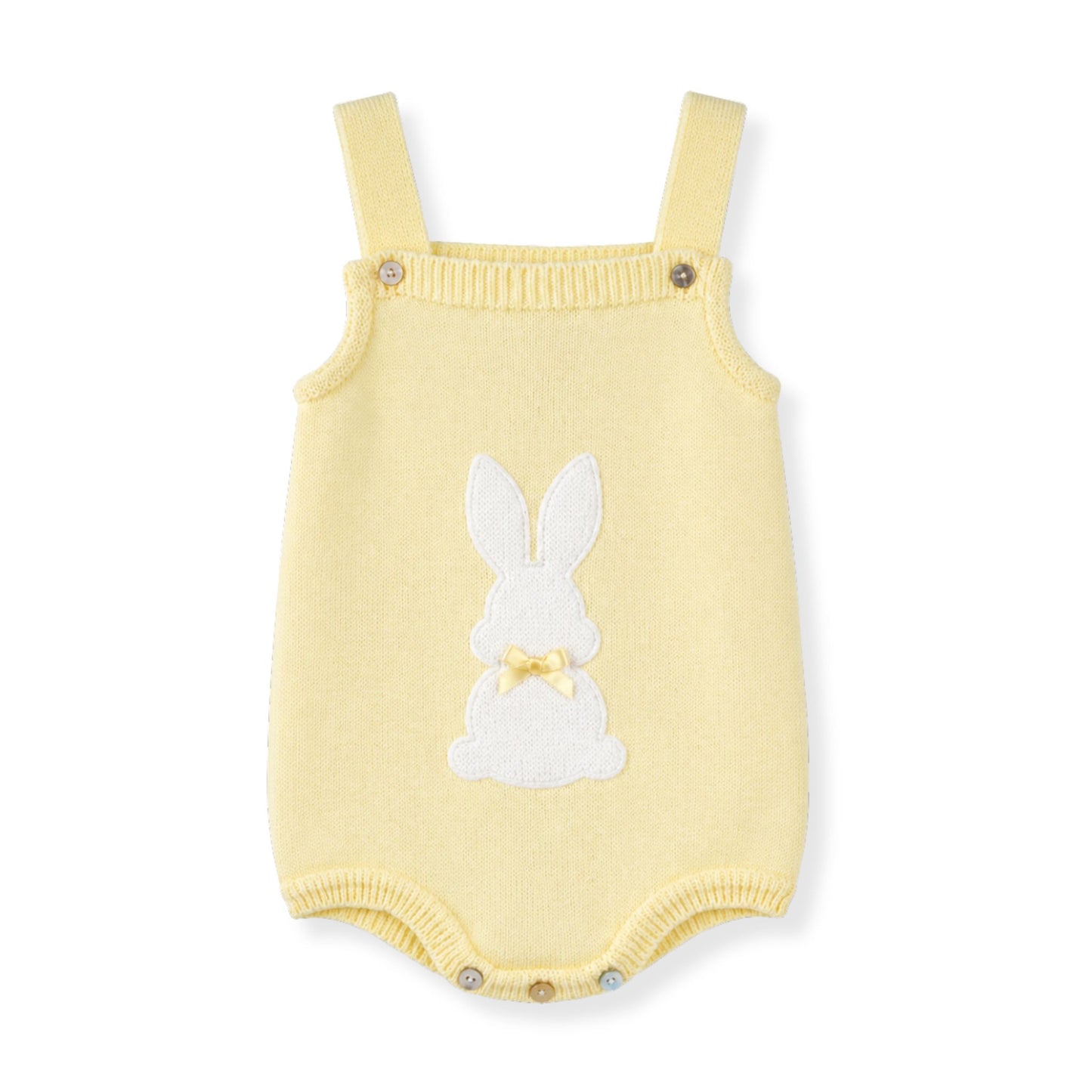 Yellow baby romper with bunny design on a white background