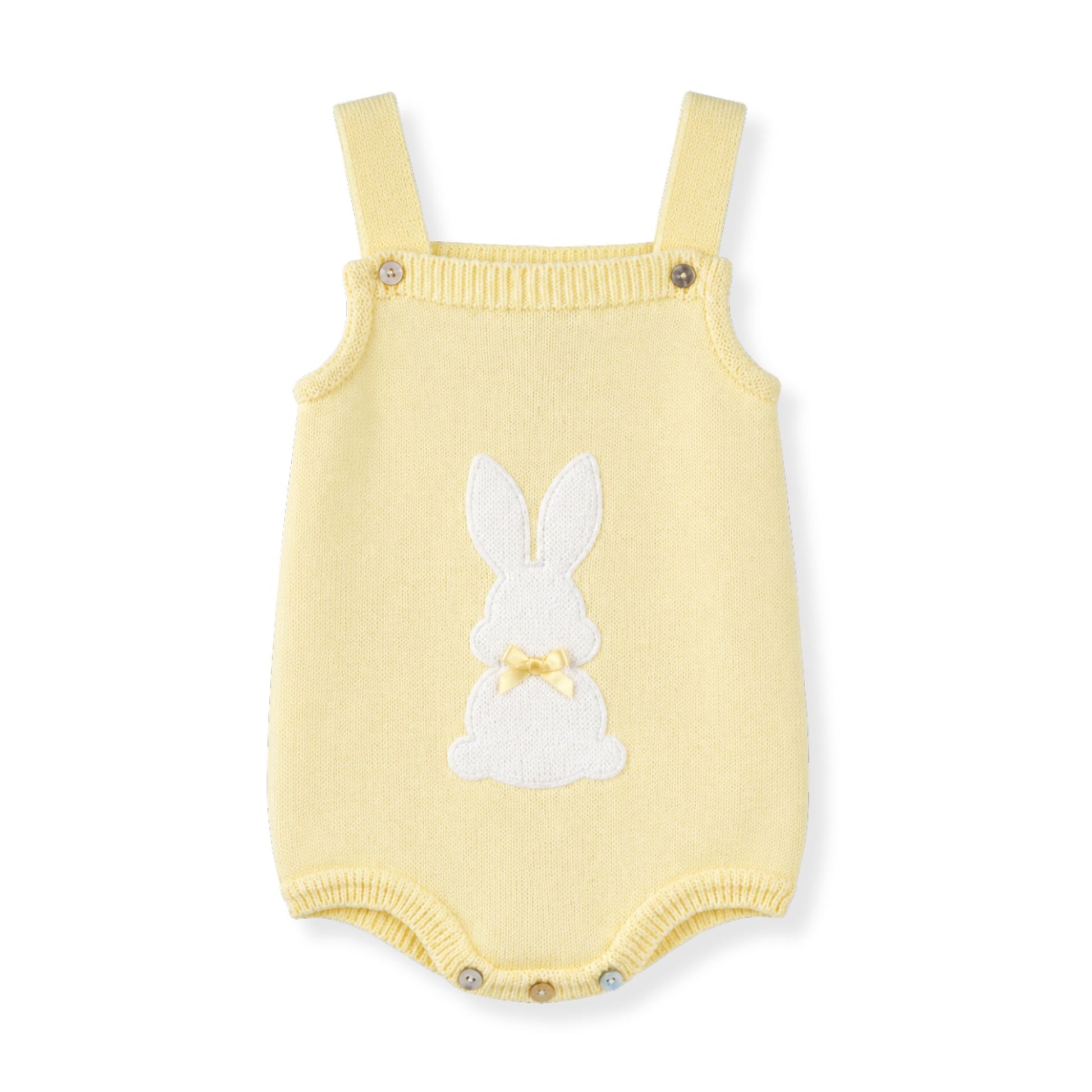Yellow baby romper with bunny design on a white background