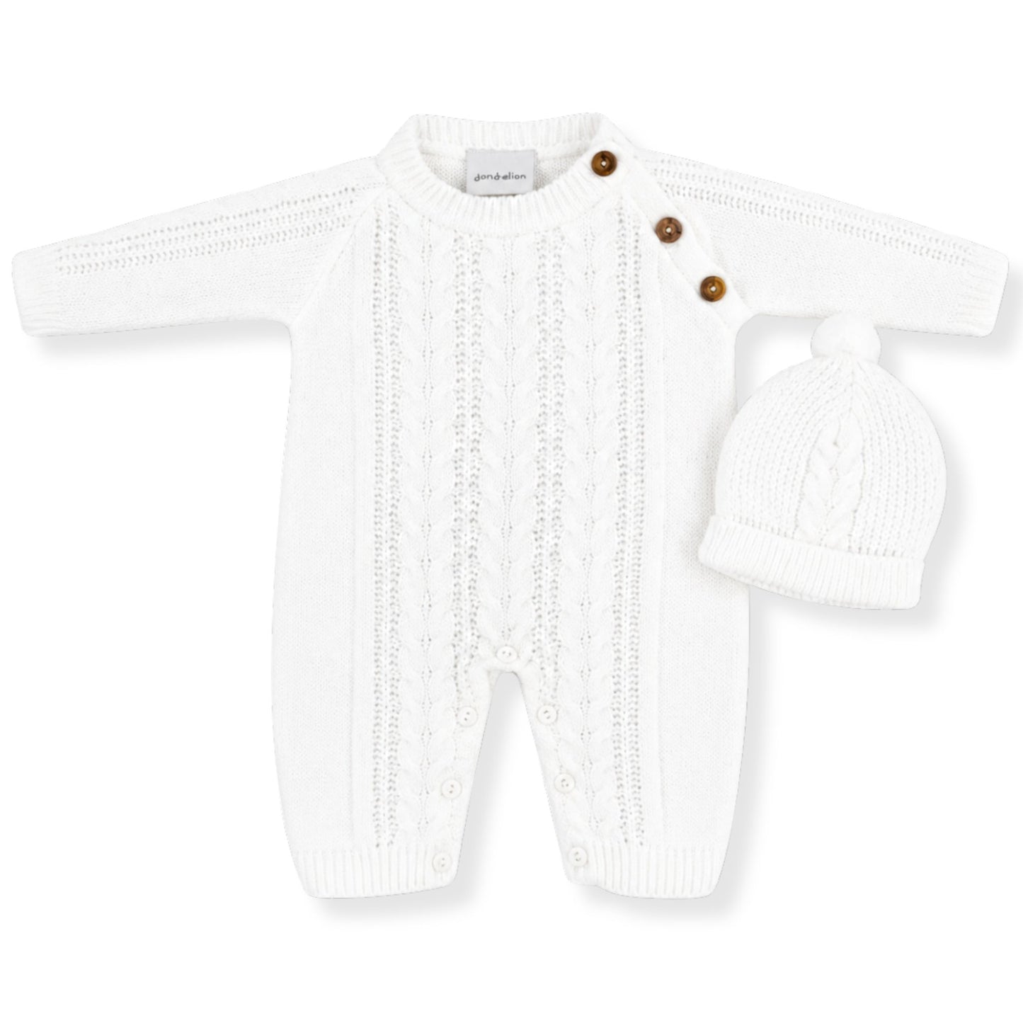 dandeion knitted all in one romper with hat
